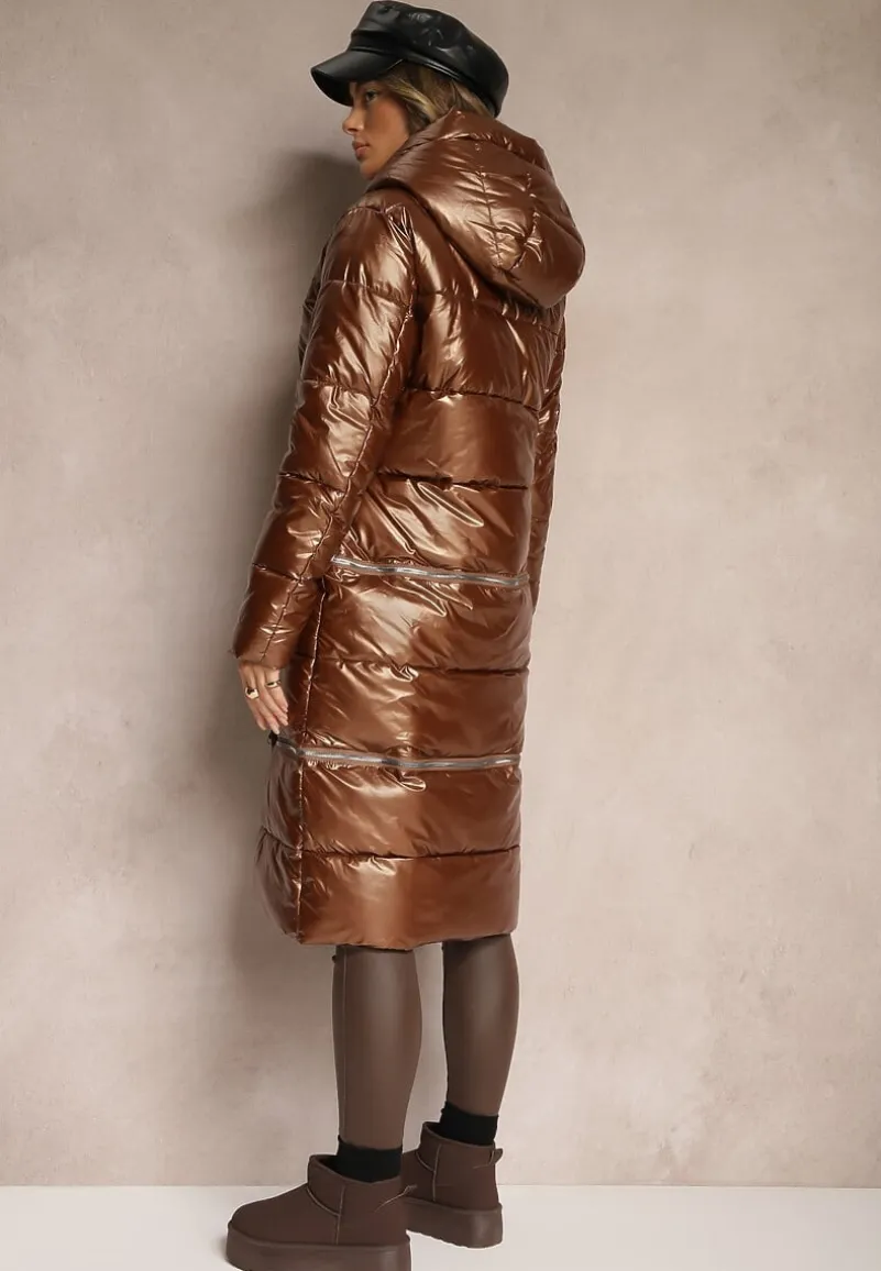 Brązowa Pikowana Kurtka z Kapturem o Regulowanej Długości Anstrina