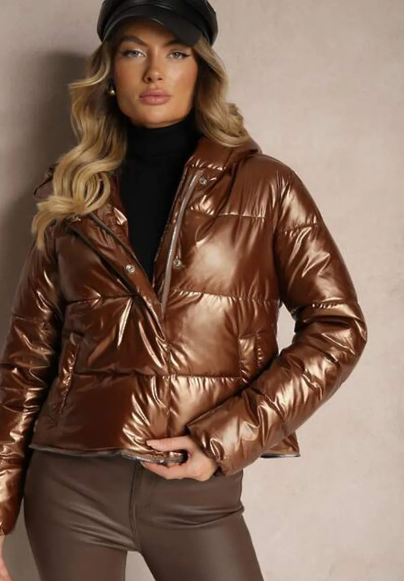 Brązowa Pikowana Kurtka z Kapturem o Regulowanej Długości Anstrina