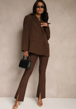 Brązowa Pudełkowa Marynarka Oversize o Dwurzędowym Fasonie Kositia