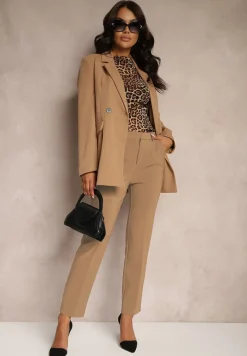 Brązowa Pudełkowa Marynarka Dwurzędowa z Ozdobnymi Kieszeniami Salobine