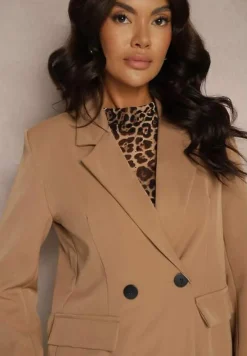 Brązowa Pudełkowa Marynarka Dwurzędowa z Ozdobnymi Kieszeniami Salobine