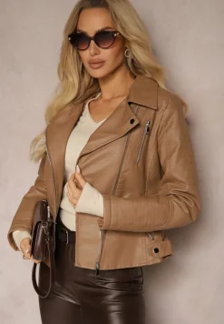 Brązowa Ramoneska Kurtka z Ekoskóry Zapinana na Skos Starid