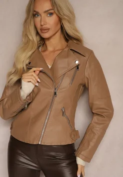 Brązowa Ramoneska Kurtka z Ekoskóry Zapinana na Skos Starid