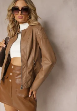 Brązowa Ramoneska Kurtka z Ekoskóry Zapinana pod Szyją Orifaga