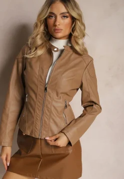 Brązowa Ramoneska Kurtka z Ekoskóry Zapinana pod Szyją Orifaga