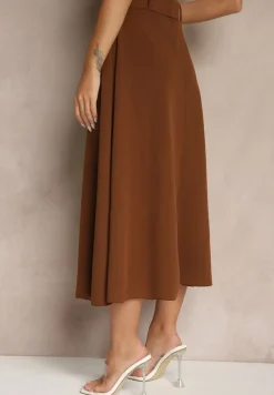 Brązowa Rozkloszowana Spódnica Maxi z Paskiem i Klamrą Adlirca