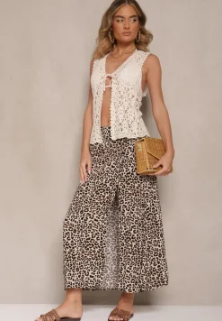 Brązowa Rozkloszowana Spódnica z Wiskozy ze Wsuwanymi Kieszeniami Koselle