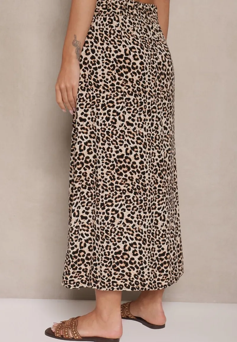 Brązowa Rozkloszowana Spódnica z Wiskozy ze Wsuwanymi Kieszeniami Koselle