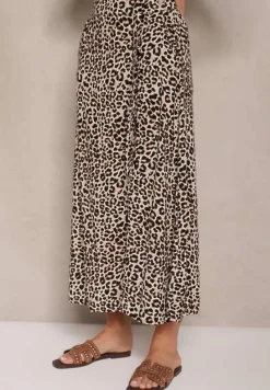 Brązowa Rozkloszowana Spódnica z Wiskozy ze Wsuwanymi Kieszeniami Koselle