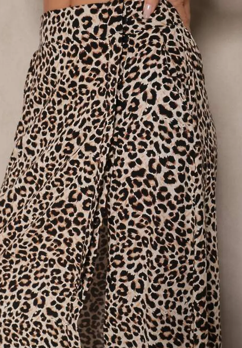 Brązowa Rozkloszowana Spódnica z Wiskozy ze Wsuwanymi Kieszeniami Koselle