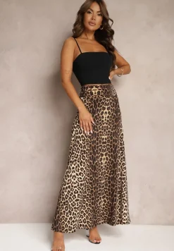 Brązowa Rozkloszowana Spódnica w Panterkę High Waist z Marszczeniem w Pasie Nolisea