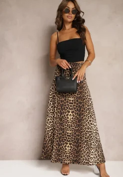 Brązowa Rozkloszowana Spódnica w Panterkę High Waist z Marszczeniem w Pasie Nolisea