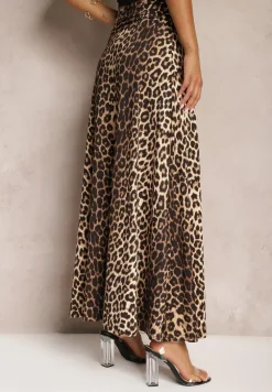 Brązowa Rozkloszowana Spódnica w Panterkę High Waist z Marszczeniem w Pasie Nolisea
