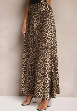 Brązowa Rozkloszowana Spódnica w Panterkę High Waist z Marszczeniem w Pasie Nolisea