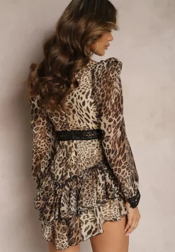 Brązowa Rozkloszowana Sukienka Kombinezon Taliowany z Falbankami i Koronką Pokisa