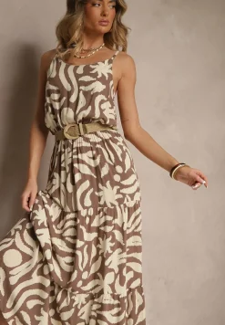 Brązowa Rozkloszowana Sukienka z Wiskozy na Ramiączkach Flesira