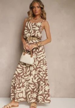 Brązowa Rozkloszowana Sukienka z Wiskozy na Ramiączkach Flesira