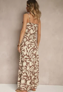 Brązowa Rozkloszowana Sukienka z Wiskozy na Ramiączkach Flesira