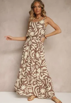 Brązowa Rozkloszowana Sukienka z Wiskozy na Ramiączkach Flesira