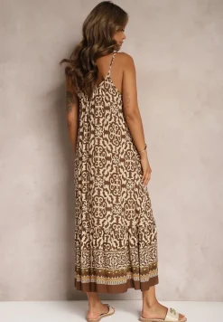 Brązowa Rozkloszowana Sukienka z Bawełny na Cienkich Ramiączkach Nellmaira