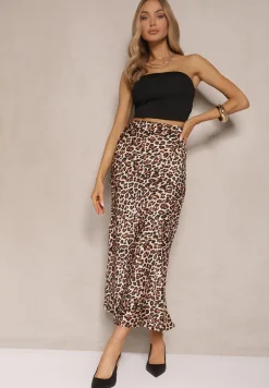 Brązowa Spódnica High Waist ze Zwierzęcym Printem i Gumką w Talii Dimella