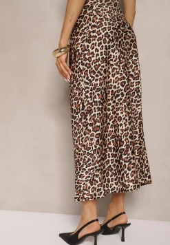 Brązowa Spódnica High Waist ze Zwierzęcym Printem i Gumką w Talii Dimella