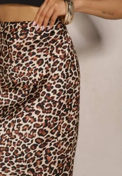 Brązowa Spódnica High Waist ze Zwierzęcym Printem i Gumką w Talii Dimella