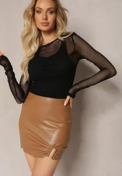 Brązowa Spódnica Mini z Imitacji Skóry i Ozdobnym Marszczeniem Elwira