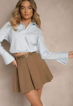 Brązowa Spódnica o Rozkloszowanym Kroju z Paskiem i Podszewką Typu Szorty Serivenna