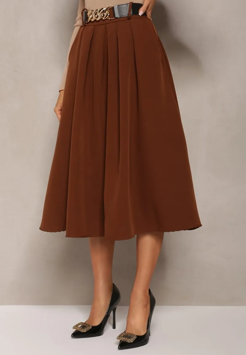 Brązowa Spódnica Rozkloszowana z Paskiem Tenga