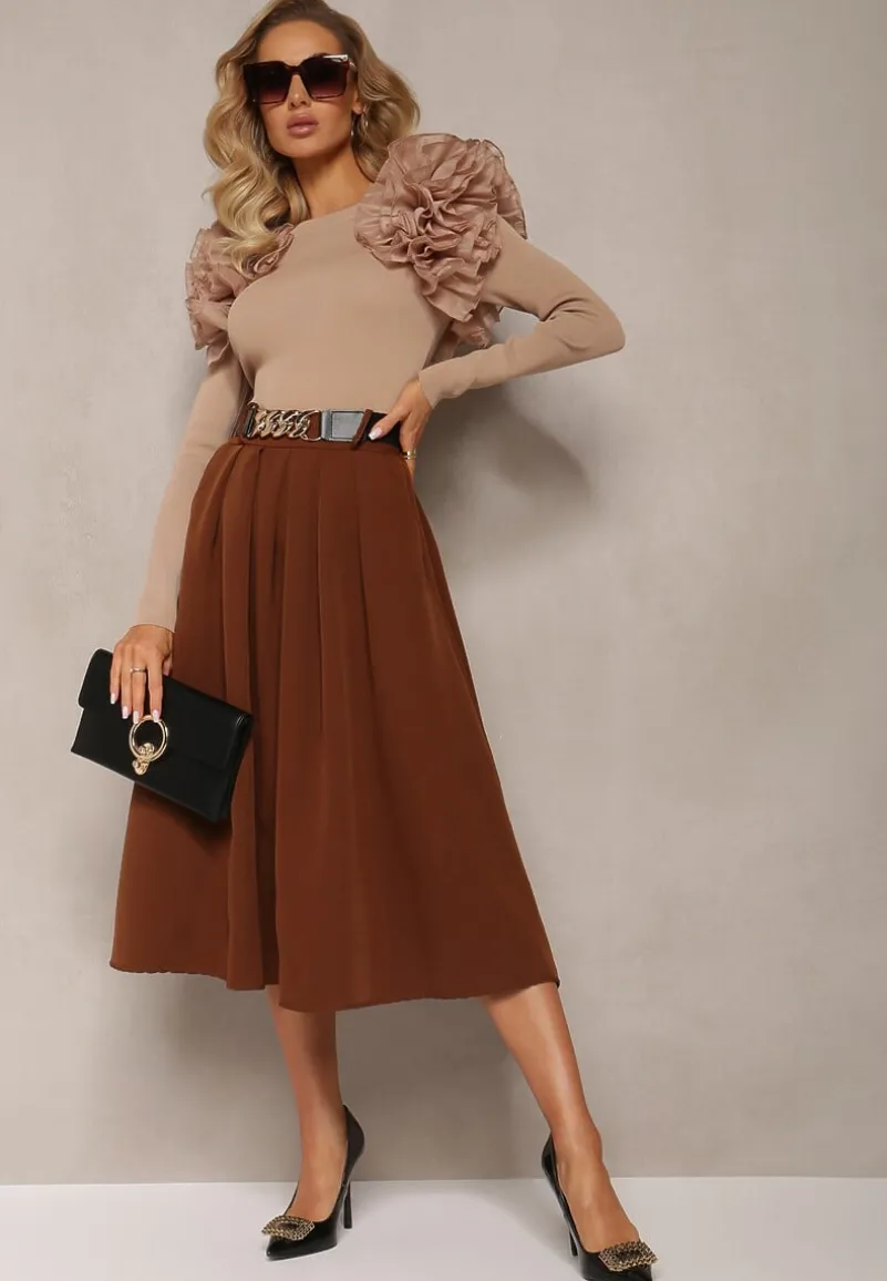 Brązowa Spódnica Rozkloszowana z Paskiem Tenga