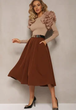 Brązowa Spódnica Rozkloszowana z Paskiem Tenga