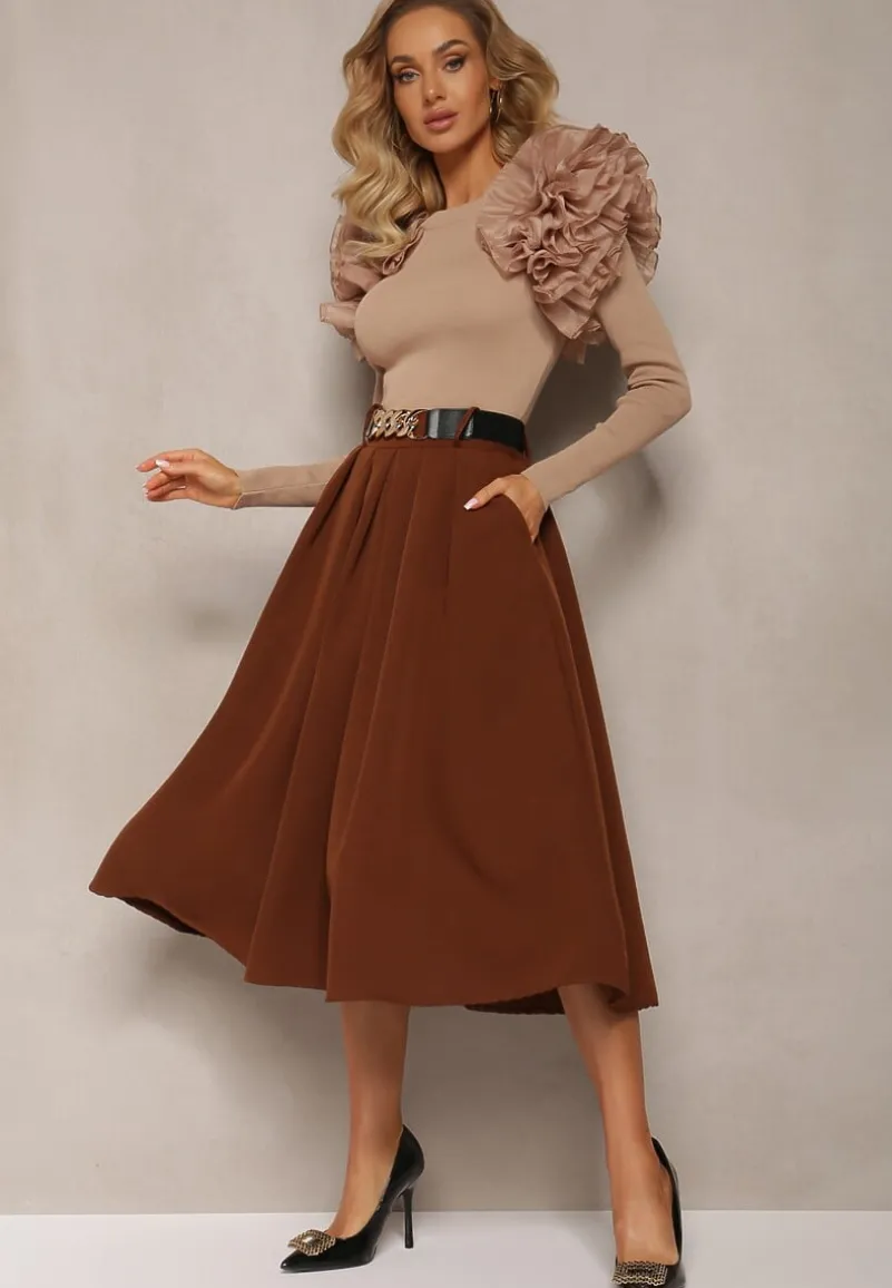 Brązowa Spódnica Rozkloszowana z Paskiem Tenga