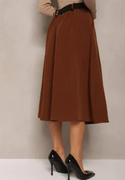 Brązowa Spódnica Rozkloszowana z Paskiem Tenga