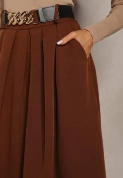 Brązowa Spódnica Rozkloszowana z Paskiem Tenga