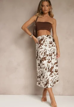 Brązowa Spódnica z Satynowej Tkaniny Zdobiona Krowim Printem Kolorea