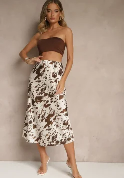 Brązowa Spódnica z Satynowej Tkaniny Zdobiona Krowim Printem Kolorea