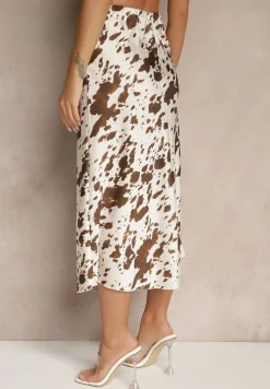 Brązowa Spódnica z Satynowej Tkaniny Zdobiona Krowim Printem Kolorea