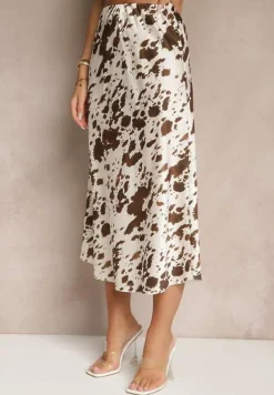 Brązowa Spódnica z Satynowej Tkaniny Zdobiona Krowim Printem Kolorea