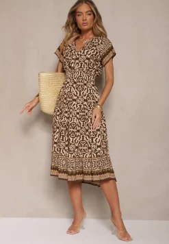 Brązowa Sukienka z Bawełny z Gumką w Pasie i Ozdobnymi Guzikami Natifarela