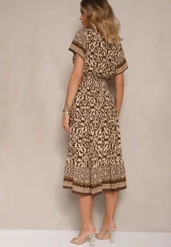 Brązowa Sukienka z Bawełny z Gumką w Pasie i Ozdobnymi Guzikami Natifarela