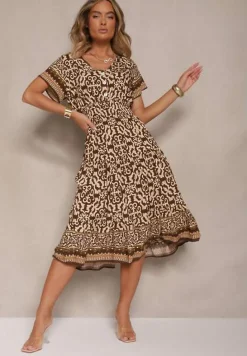 Brązowa Sukienka z Bawełny z Gumką w Pasie i Ozdobnymi Guzikami Natifarela