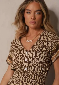 Brązowa Sukienka z Bawełny z Gumką w Pasie i Ozdobnymi Guzikami Natifarela