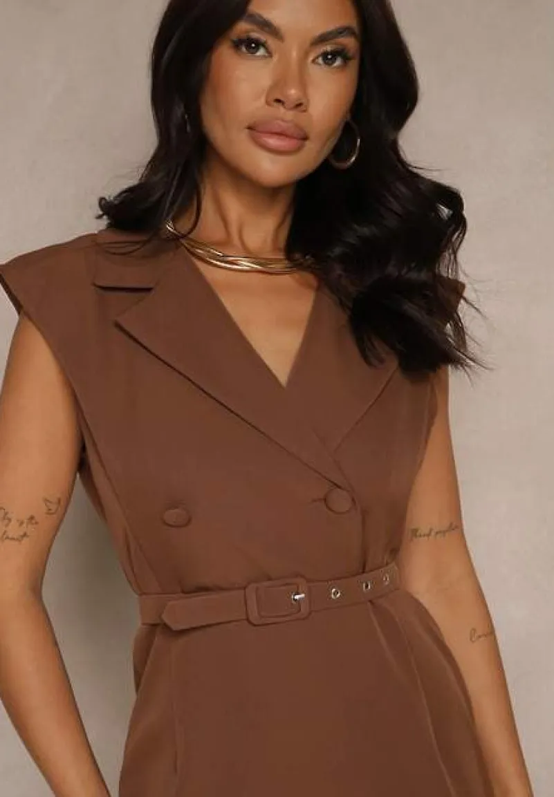 Brązowa Sukienka z Ozdobnymi Guzikami i Paskiem Dellanise