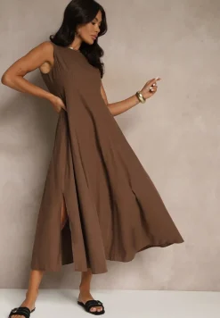 Brązowa Sukienka z Wiskozą o Rozkloszowanym Kroju Bez Rękawów Barneria