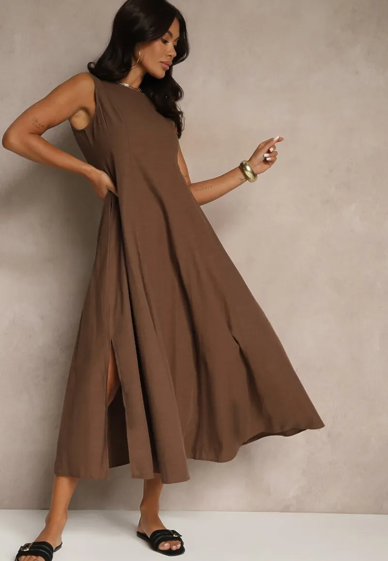 Brązowa Sukienka z Wiskozą o Rozkloszowanym Kroju Bez Rękawów Barneria