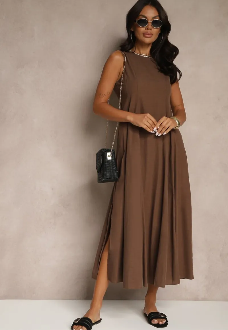 Brązowa Sukienka z Wiskozą o Rozkloszowanym Kroju Bez Rękawów Barneria
