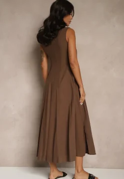 Brązowa Sukienka z Wiskozą o Rozkloszowanym Kroju Bez Rękawów Barneria