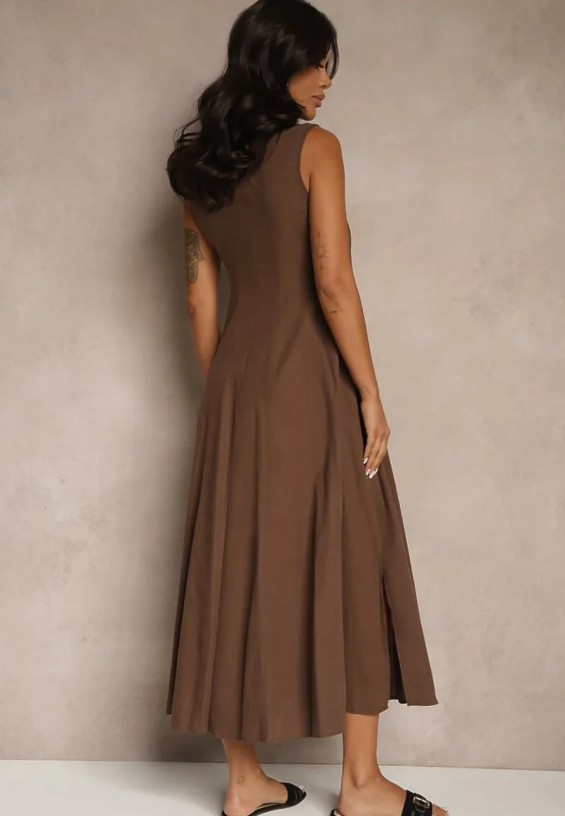 Brązowa Sukienka z Wiskozą o Rozkloszowanym Kroju Bez Rękawów Barneria