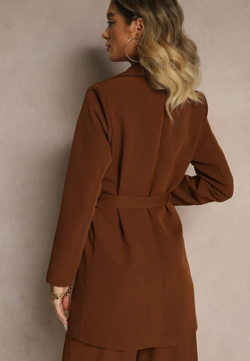 Brązowa Sukienkowa Marynarka Wiązana Paskiem w Talii Ardthana